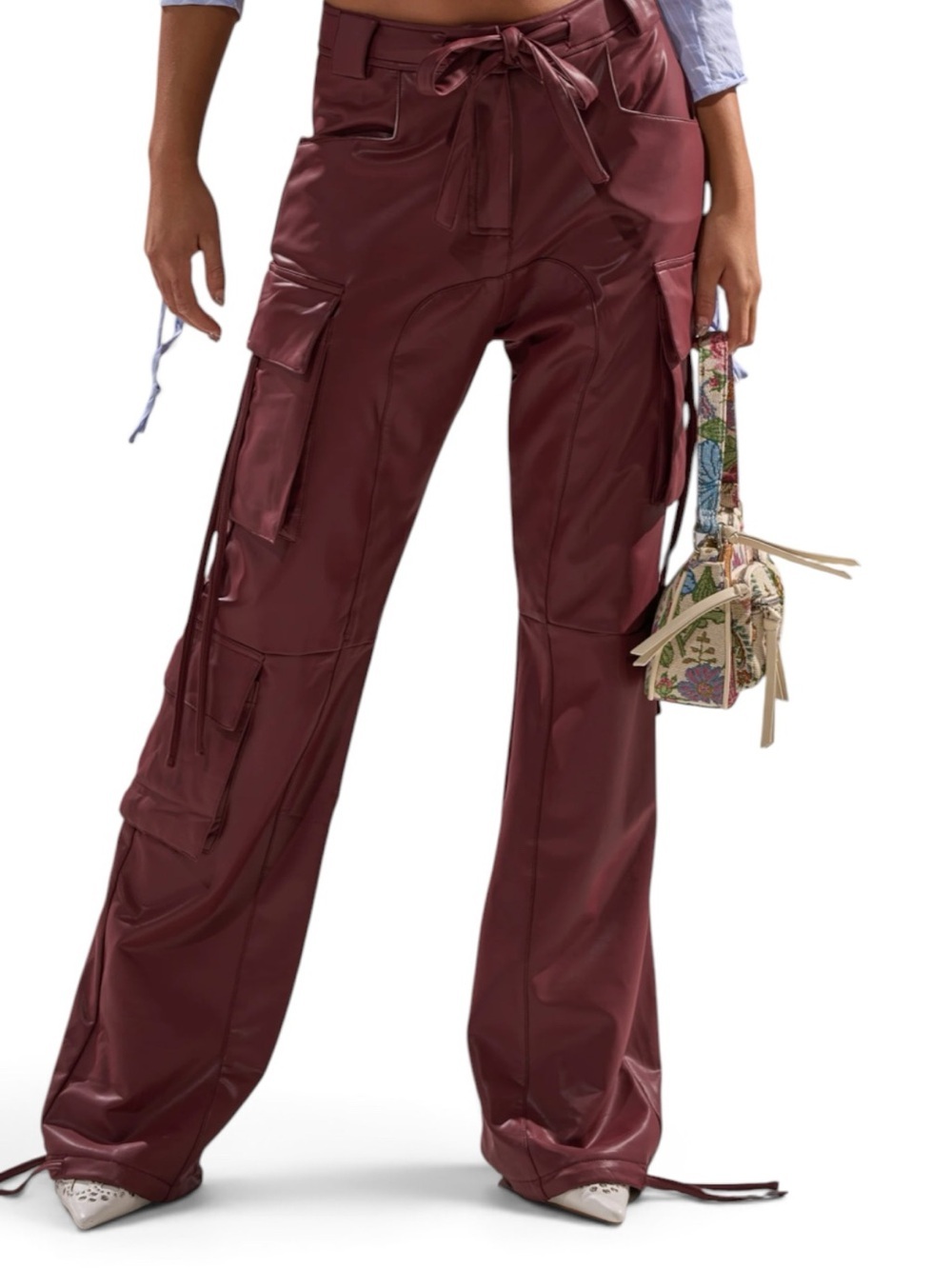 🔥🔥AKIRA DO SOMETHING CRAZY CARGO FAUX LEATHER TROUSER Burgundy